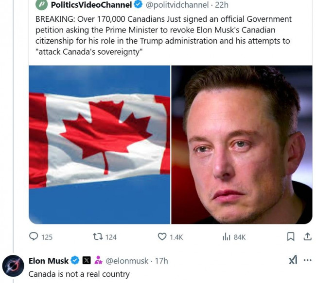 머스크의 캐나다 시민권 박탈을 요구하는 캐나다인들의 청원 소식에 머스크가 쓴 글