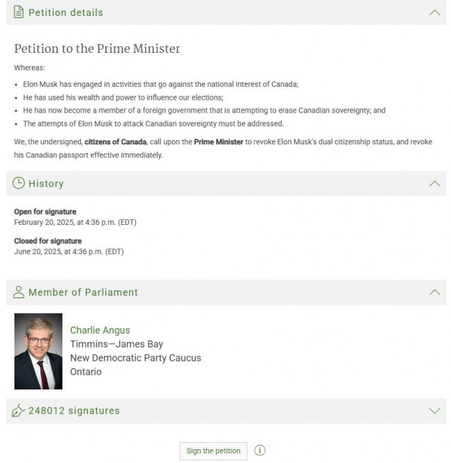 머스크의 캐나다 시민권 박탈 청원 게시된 캐나다 의회 웹사이트