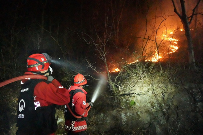야간산불 진화하는 산불재난특수진화대