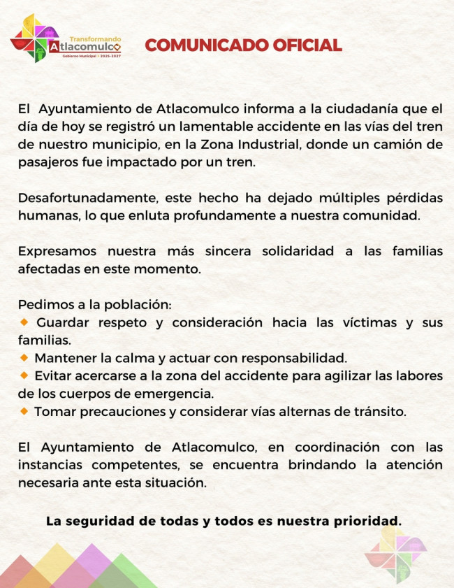 멕시코 열차-버스 충돌 사고 관련 현지 지방정부 보도자료